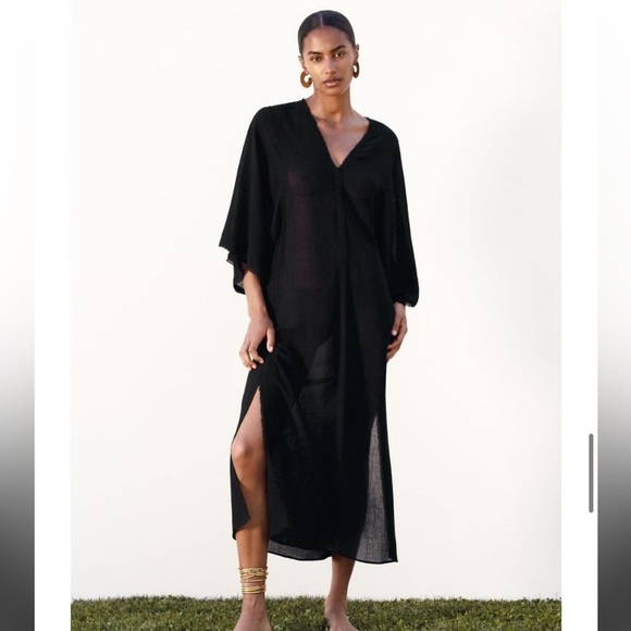 Zara Dresses & Skirts - NWT Zara black v neck tunic kaftan dress swim cover up Small